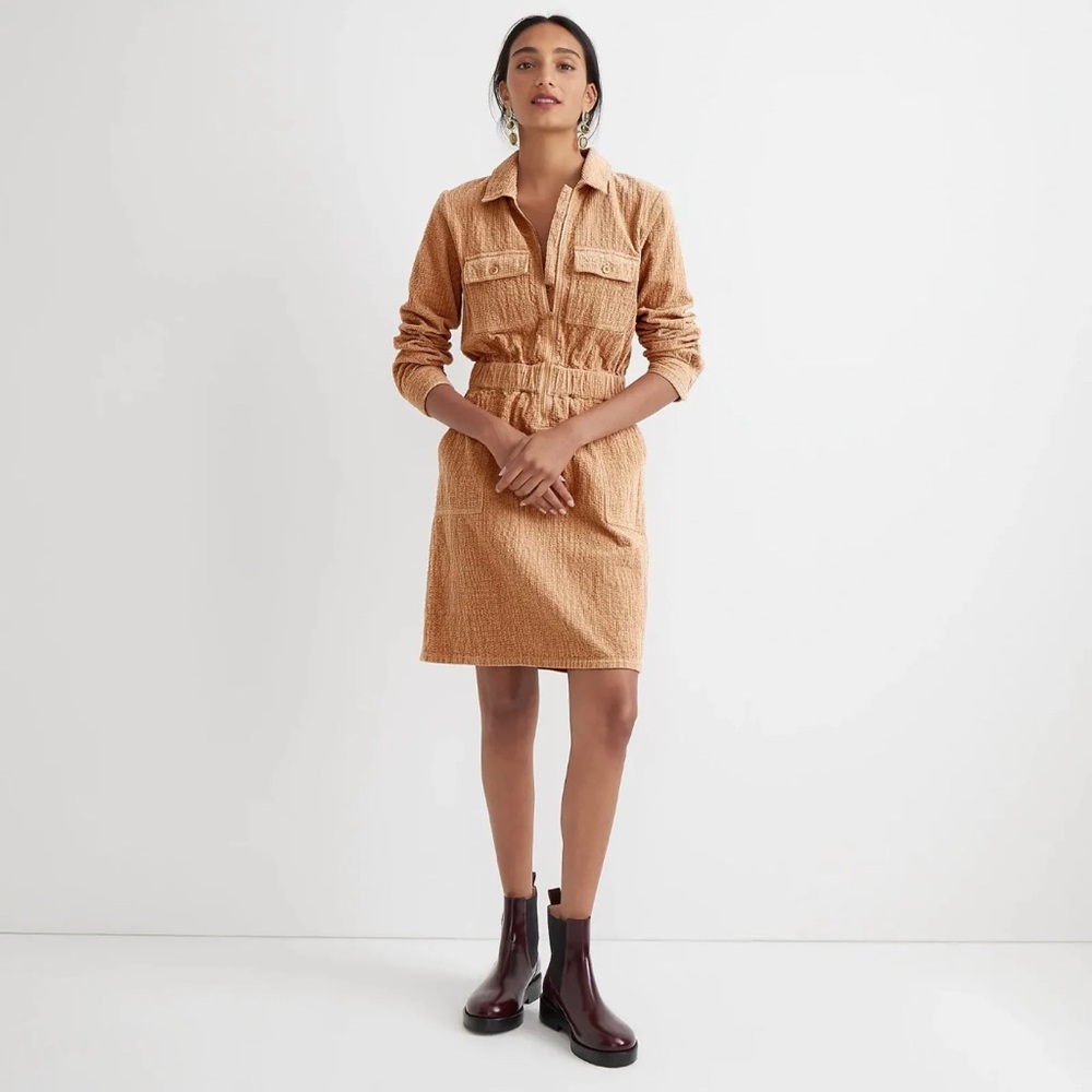 NWT J. Crew  Zip Front Corduroy Shirt Dress Tan Stretch Cotton Pocket - Size 6